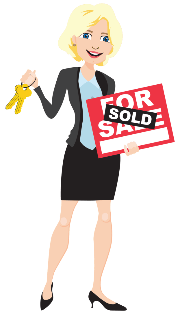 Cartoon female realtor holding sold sign and keys